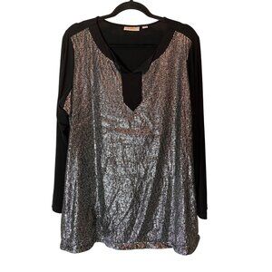 Quacker Factory Black & Silver Sequin Tunic Top Long Sleeve 1X